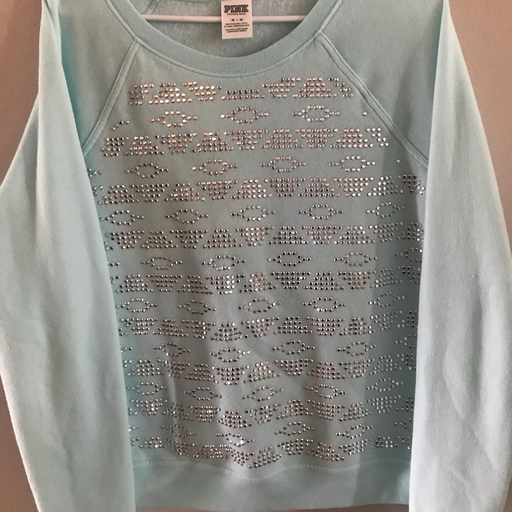 PINK Light turquoise bedazzled sweater